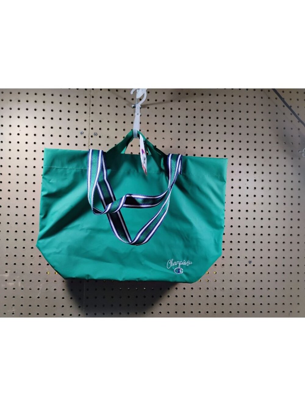 Champion Large Green Tote Bag With Embroidered Logo & Striped Handles